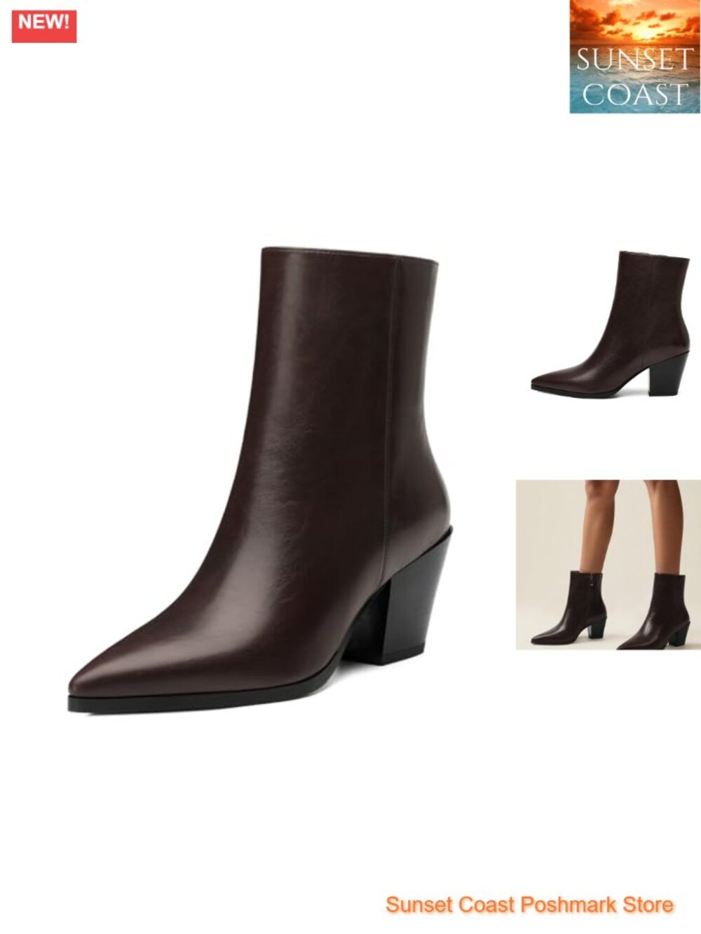 Faux Leather Ankle Boots Pointed Toe Chunky Heel Zip Booties